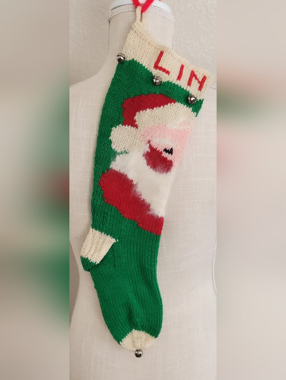 VTG Mid Century Hand Knit Christmas Stocking Santa Angora Beard 18"